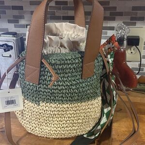 Sol and Mer womens woven bag Tote with Brown Handles and crossbody strap